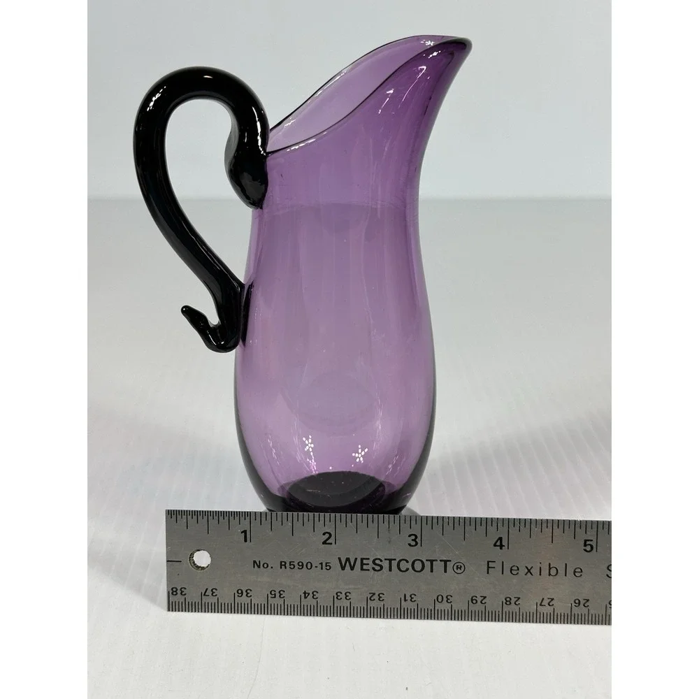Vintage Purpla Amethyst Art Glass Footed Pitcher Vase Applied Handle Signed 6.5